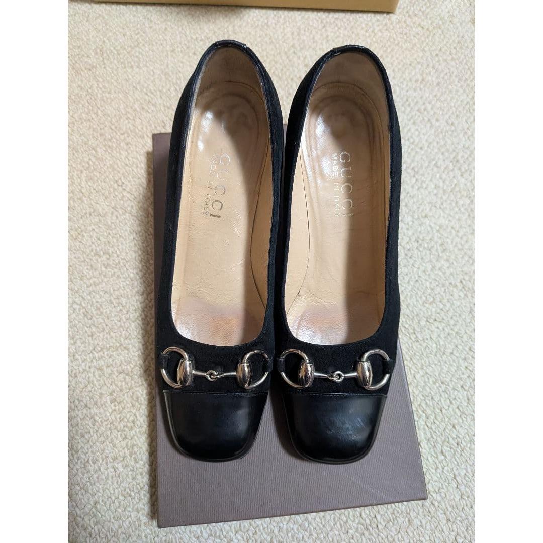 Used GUCCI Horsebit Pumps Black Chunky Heel Square Toe
