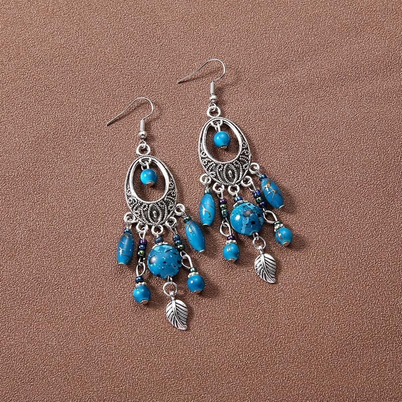 Vintage New Chinese Bohemian Turquoise Tassel Long Earrings Ethnic Vacation Accessories For Women