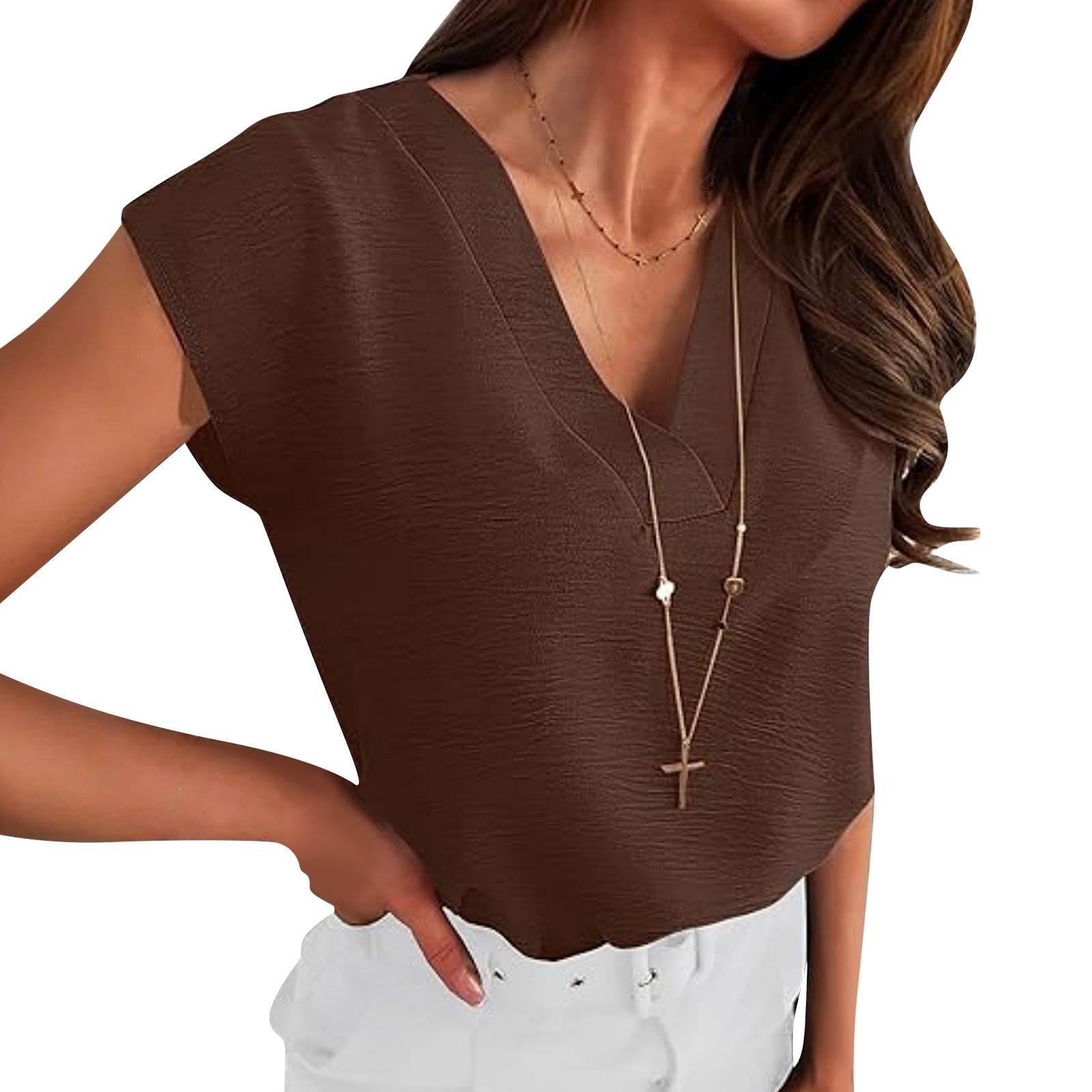 

Женская модная однотонная повседневная футболка с V-образным вырезом, безрукавка, топ L коричневый