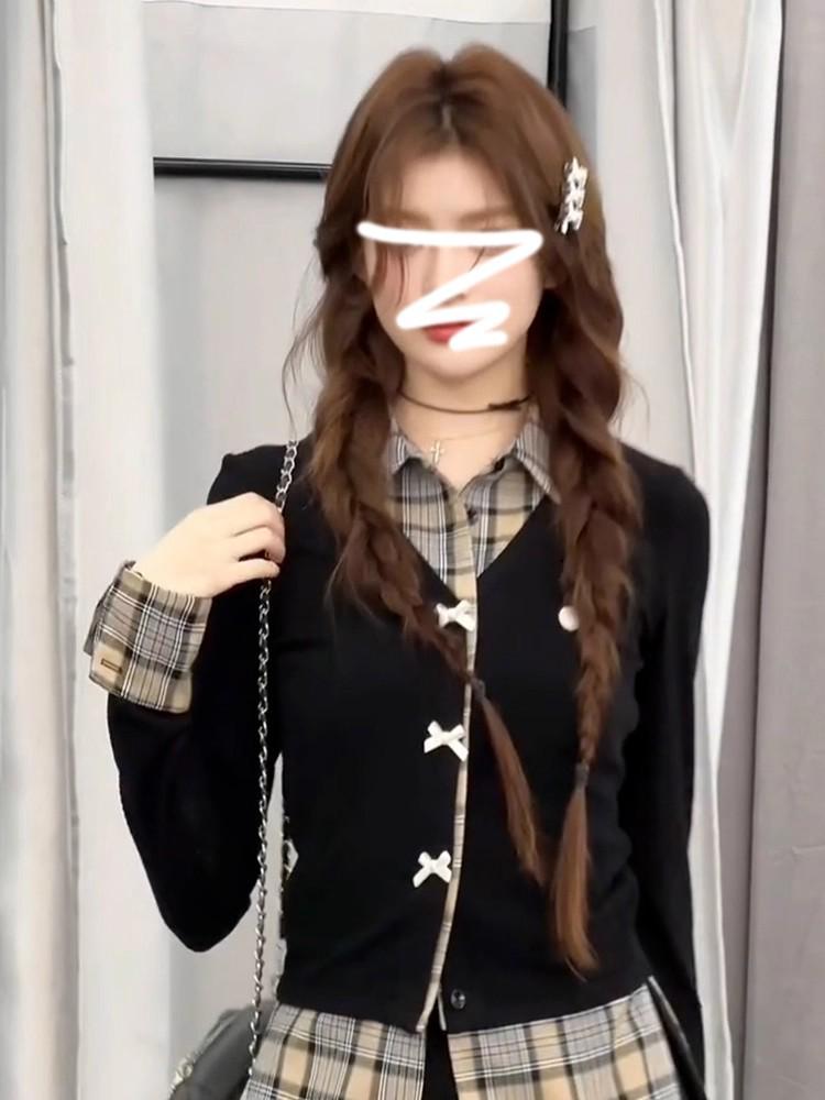 Cárdigan de Punto a Cuadros Estilo Preppy Coreano y Top Delgado de Manga Larga con Ceñidor en la Cintura para Mujer, Primavera/Otoño.