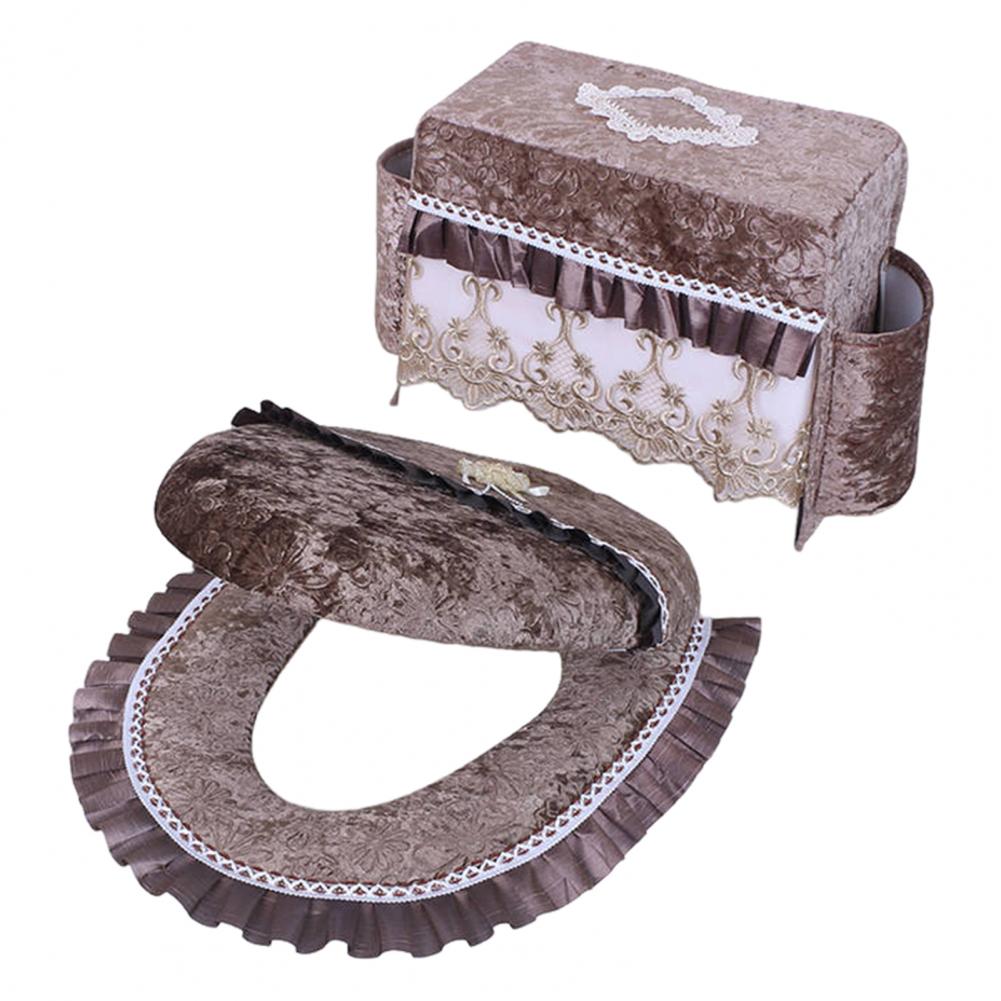 Soft Fabric Toilet Cover Luxurious Flannel Toilet Tank Cover with Lace Trim Side Pockets Soft Plush Toilet Lid for Ultimate