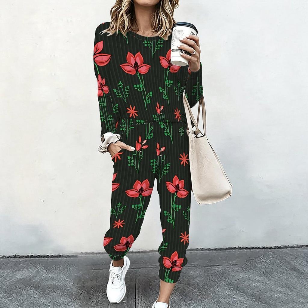 Women Crew Neck Long Sleeve Top And Straight Trousers Two Piece Comfortable Daily Matching Outfit
