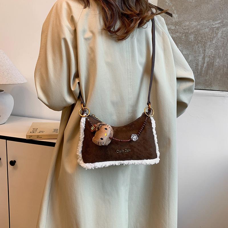 2025 new niche design women's bag fur trim splicing leather shoulder handbag underarm bag fur bag women