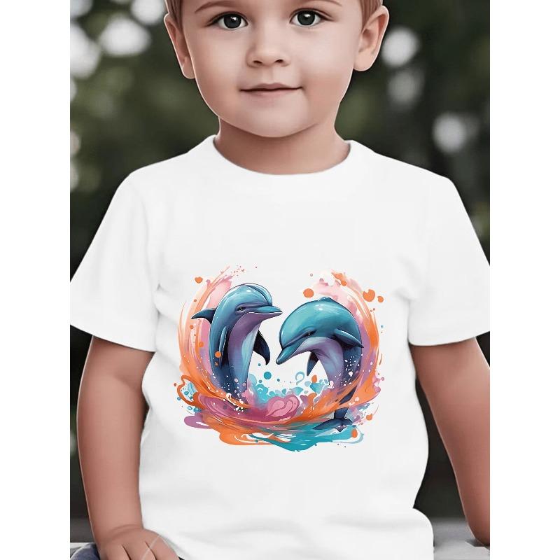 European Sizes Kids' Short Sleeve Summer New Cute Dolphin Print Fashion Versatile Kids Casual T-Shirt