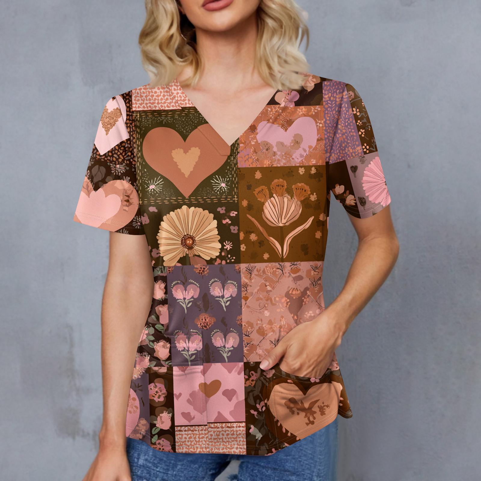 

Women s Retro Printed V-Neck Double Pocket Short Sleeves Hem Slit Uniform Caregiver Top XL розовый