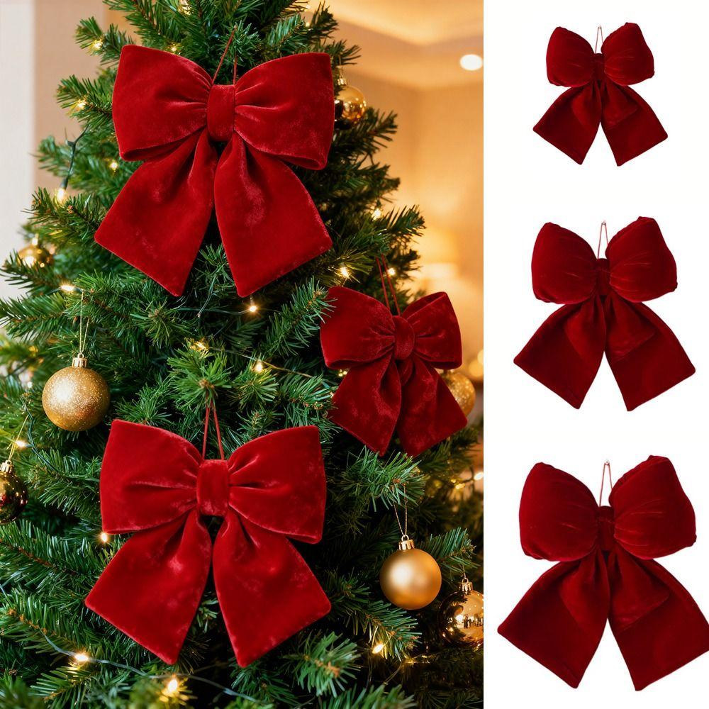 Vintage Christmas Red Bowknot Pendant Flannelette Bowknot Hanging Pendant  Christmas Party Supplies