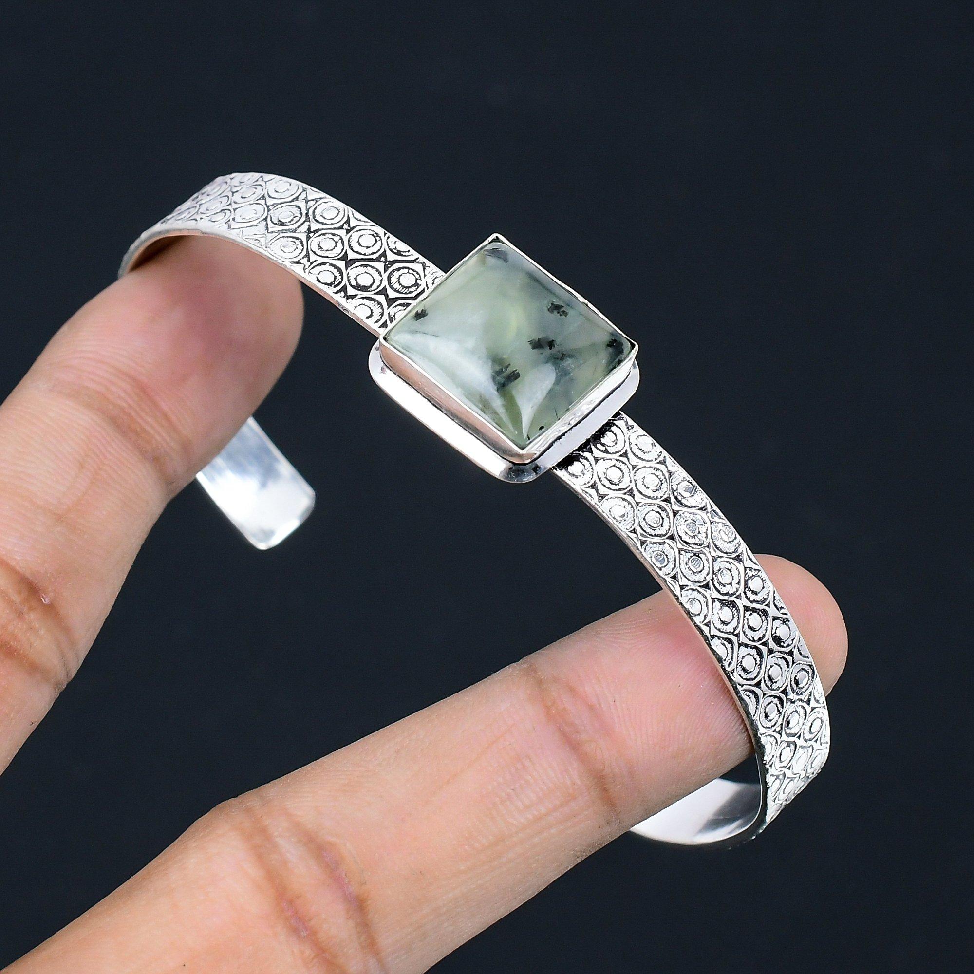 

Halloween Deal Moss Prehnite Stone 925 Silver Engagement Elegant Birthday Bangle Adjustable