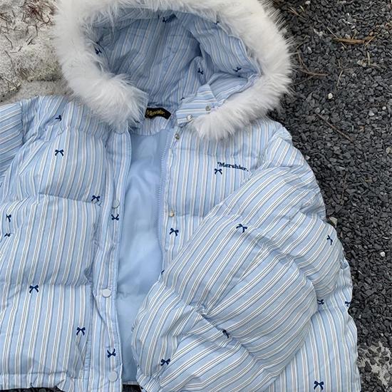 Autumn and Winter American Striped Bow Collar Hooded Cotton Jacket, Thickened Warm Cotton Jacket for Women