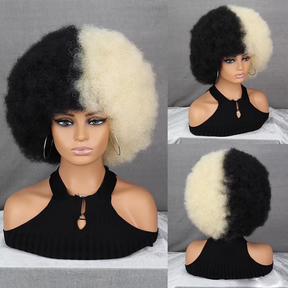 MISS WIG Braune, gemischte, goldene, kurze, lockige Perücke, afrikanische Locken, große Rollenperücke für Damen, tägliches Cosplay, synthetische Hochtemperaturfaserperücke