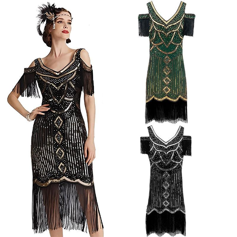 Women's 1920s Gatsby Flapper Dress, Vintage Sequin Fringe V-Neck Cocktail Party Dress