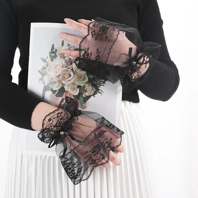 Women Gothic Lace Mesh Stretch Horn Cuffs Gloves Ruffled Detachable Fake Sleeves Wedding Party Sunshade Decorative Wrist Warmer