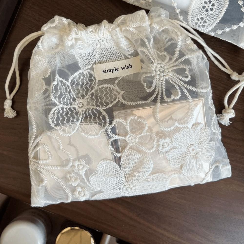 Retro Embroidery Flower Drawstring Pouch Hollow Out Cute String Bags Cosmetics Bag