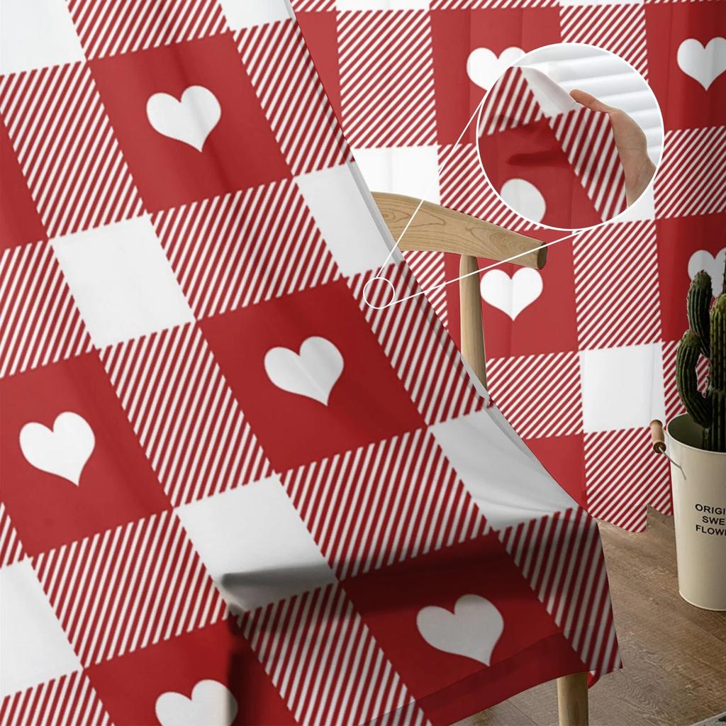 Valentine'S Day Love Red Plaid Tulle Curtains For Living Room Bedroom Home Decor Chiffon Sheer Voile Kitchen Curtain