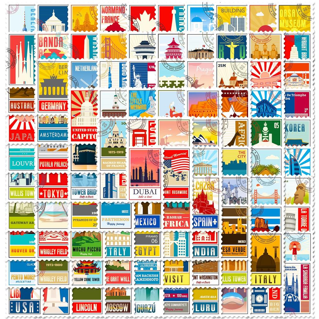 100 Stamps Mixed with Retro Travel Stickers Suitcase Laptop Mobile Phone Helmet Stickers 4 Pictures