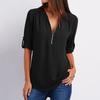 Plus Size Women Solid Color Loose Zipper V Neck Long Sleeve Chiffon Blouse Shirt
