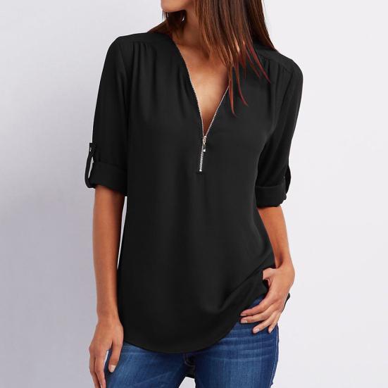 Plus Size Women Solid Color Loose Zipper V Neck Long Sleeve Chiffon Blouse Shirt