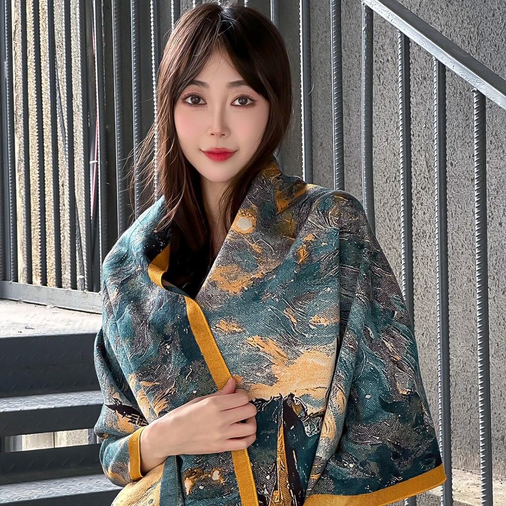 Korean High-End Scarf Castle Oil Painting Style Versatile Shawl Printed Scarf