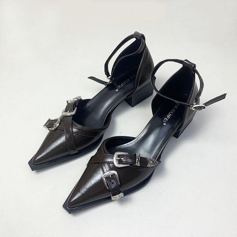 Fashion Footwear Ankle Strap Pumps Ladies Medium Heels Shoes Shallow Female Buckle Fashion Pointed Toe Women Square Heels Shoes