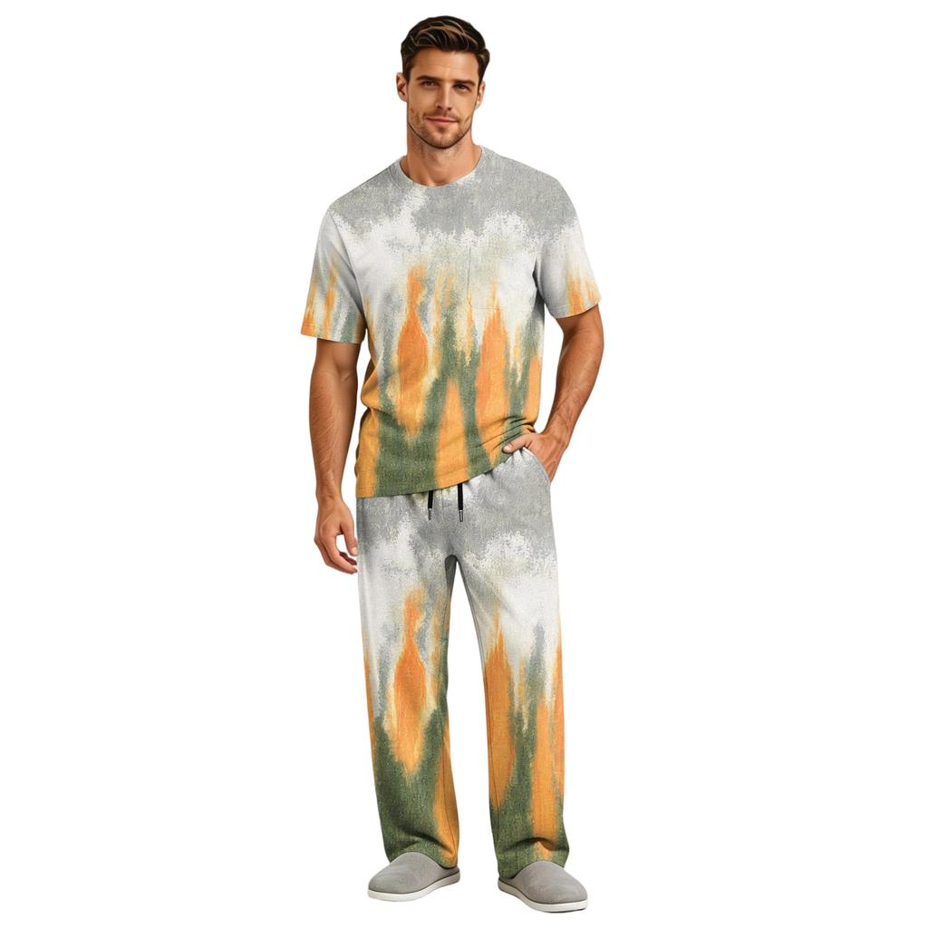 Men's Home Pajama Set, Short Sleeve Top and Long Pants with Button Fly and Drawstring Waist