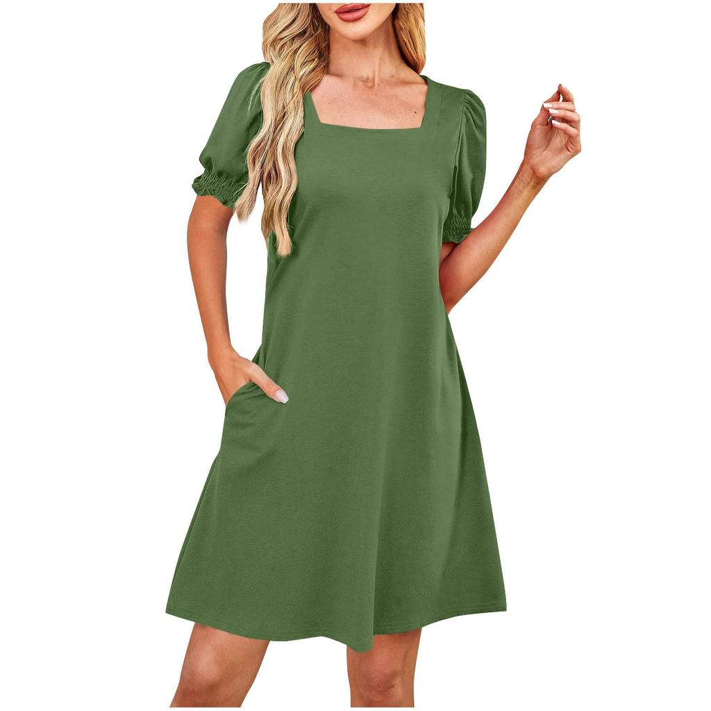Damenmode Lässig Quadratischer Ausschnitt Farbe Kurzarm Kleid