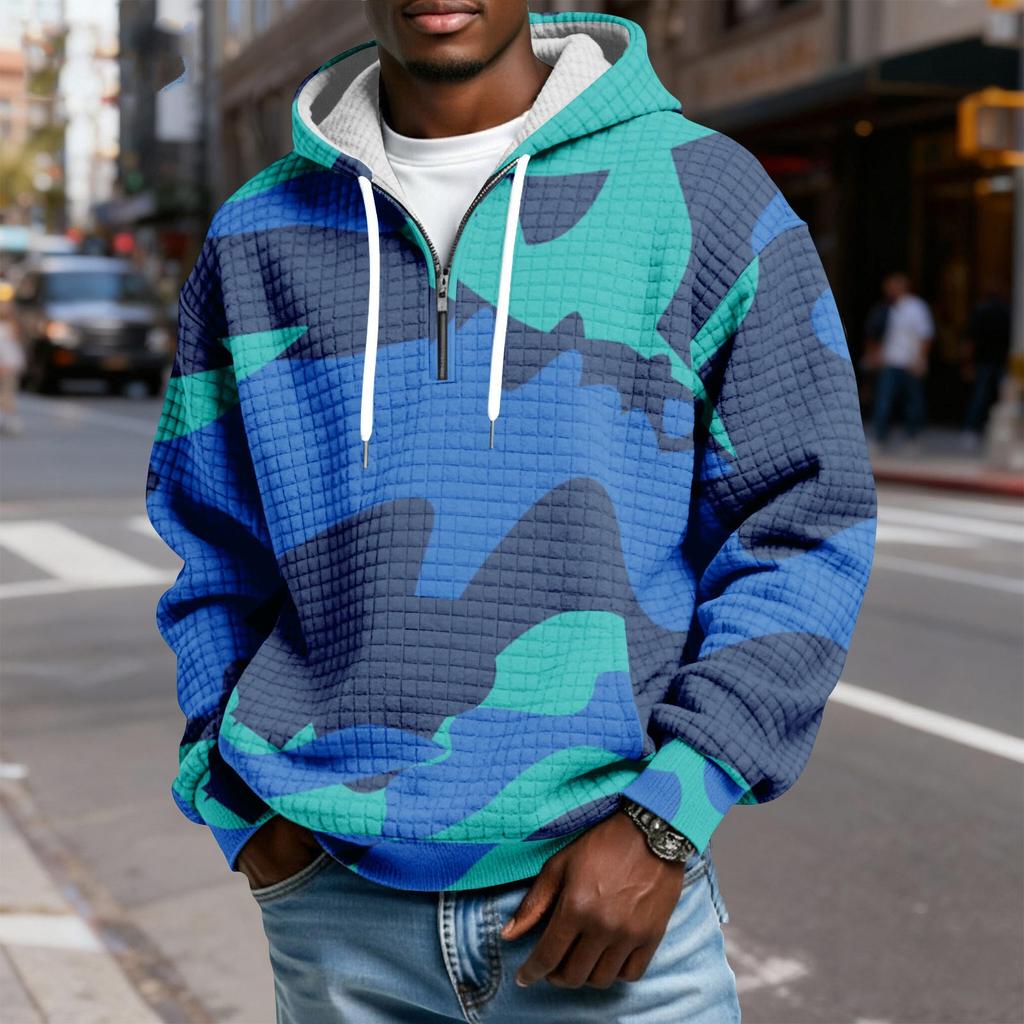 Pánská kostkovaná mikina přes hlavu s kapucí na poloviční zip se stahovací šňůrkou a potiskem, ležérní sportovní mikina