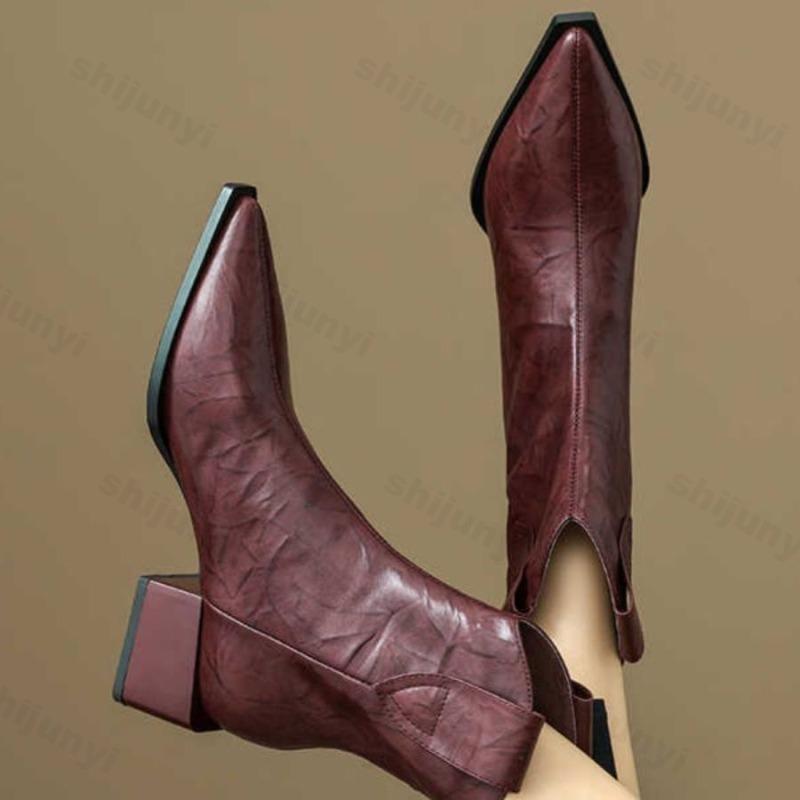 Damen Western Cowgirl Stiefel 2026 Spitz Zehen Mode Zum Hineinschlüpfen Chelsea Stiefeletten Retro Stil Herbst Damen Dicke Ferse Schuhe Ferse 5CM