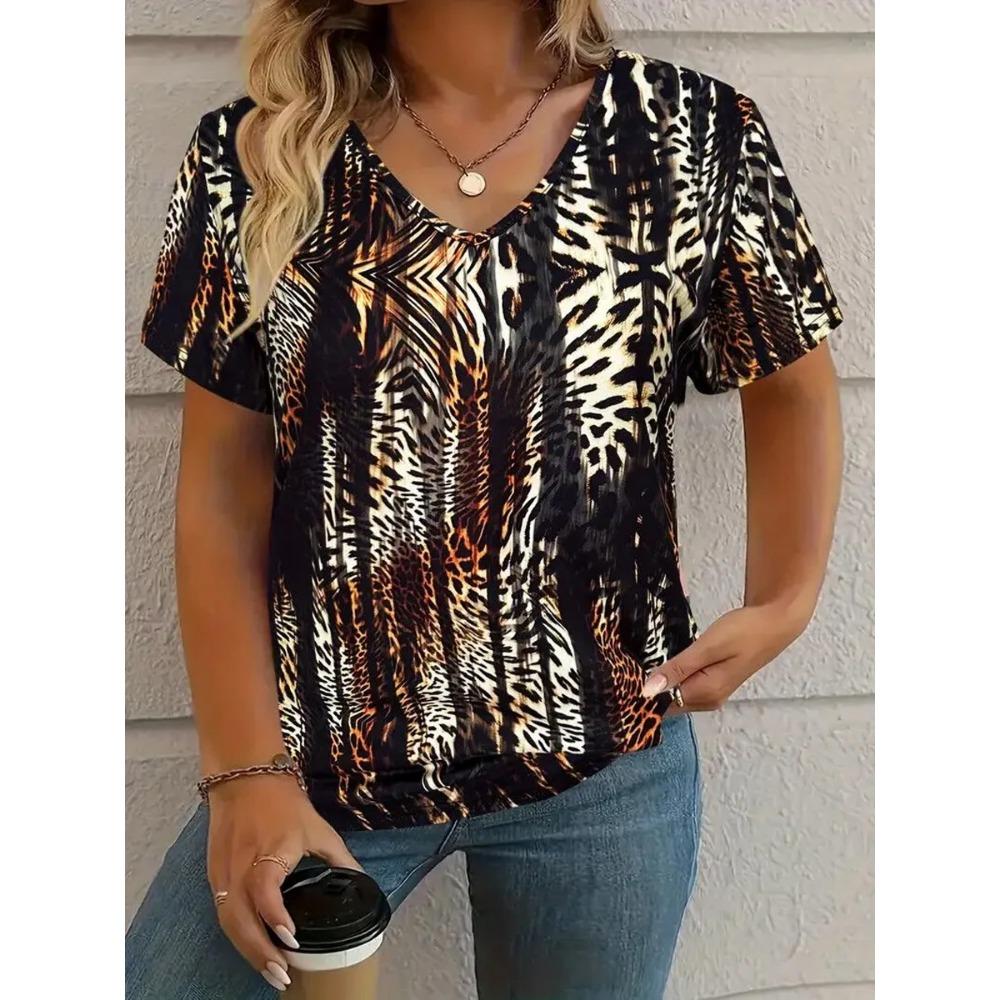 

T-shirt ladies summer casual elegant v-neck short-sleeved irregular leopard print top loose casual wear S