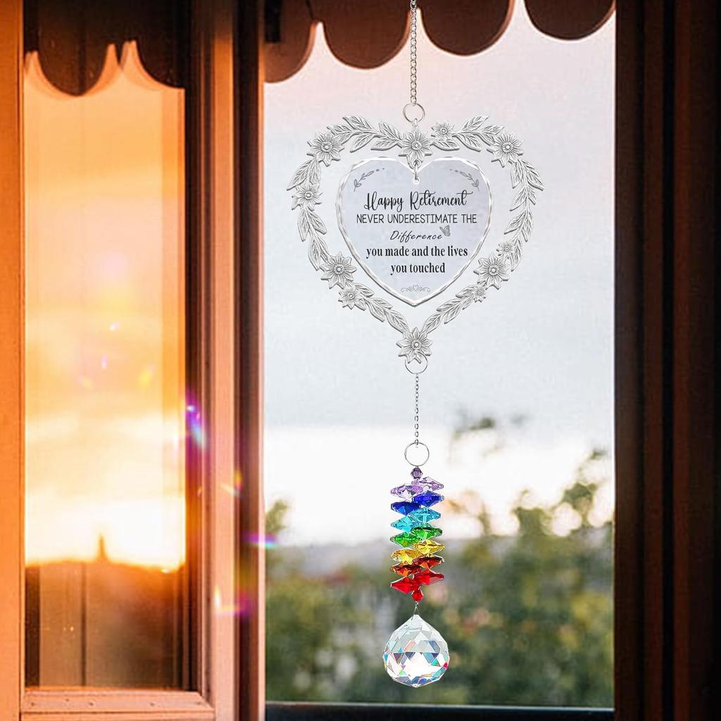 Retirement Heart Suncatcher Ornament – Crystal Rainbow Prism with Engraved Quote “Happy Retirement” – Meaningful Gift for Retirees,