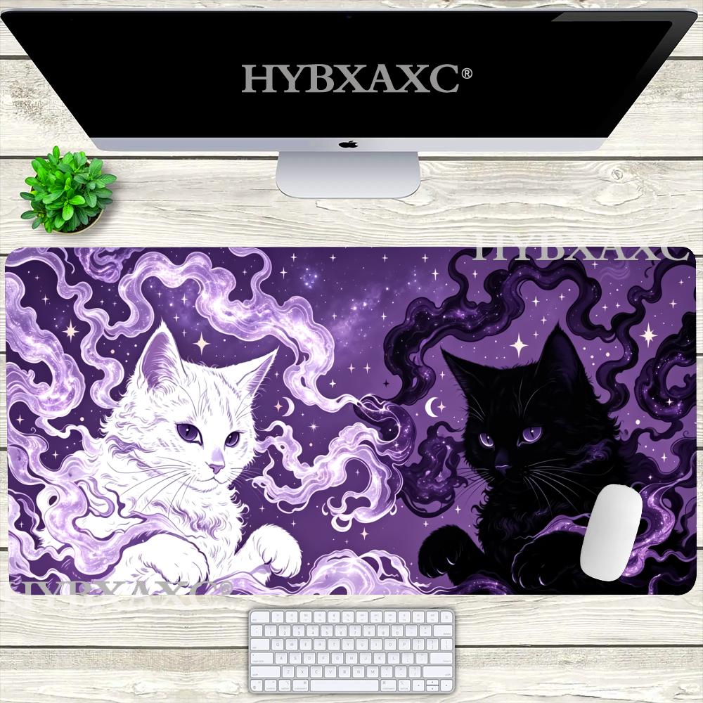 HYBXAXC Yin Yang Cosmic Cats Mouse Pad Black and White Cat Illustration Mouse Mat Magic Gothic Witchy Tarot Purple 800x400x2mm