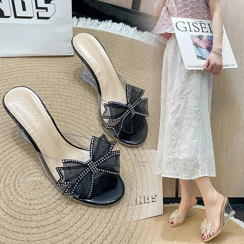 Fashion 2025 Summer Fashion High Heel Sandals for Women, Bow Bow, Slope Heel, Straight Line, Wearing Outside, Fairy Wind Cool Slippers