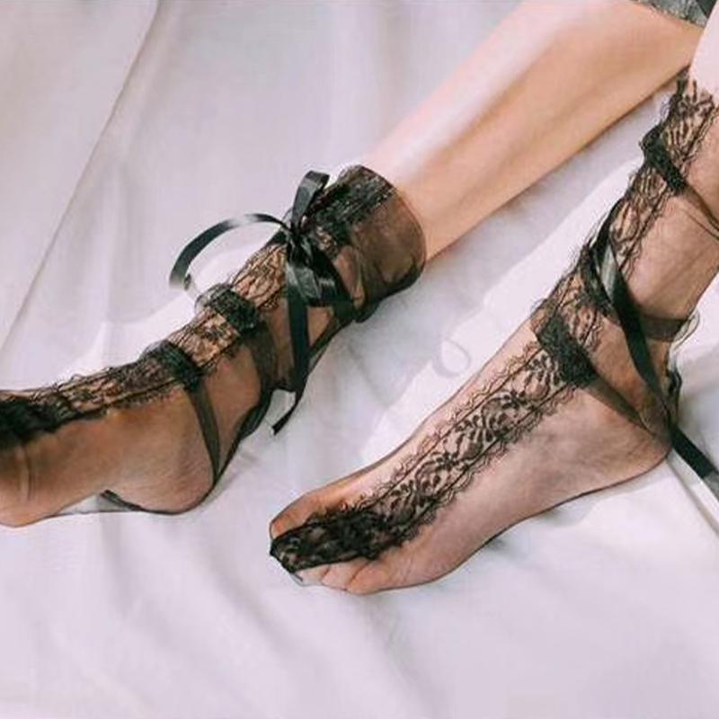 Sexy Lace Socks Women's Transparent Mesh Ultra-Thin Bow Cute Socks for Ladies Fashion Lolita Black White Socks Women