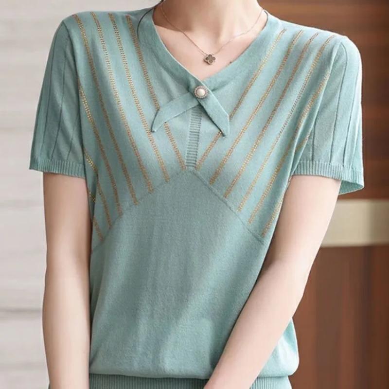 pink v neck bow tie detail short sleeve knit top with gold stripe for women