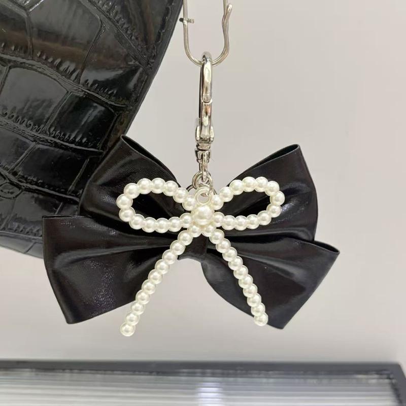 Pearl Leather Bow Keychain Bow Beaded Charm Pendant Keyring Jewelry For Girl Women Gift Bag Decoration