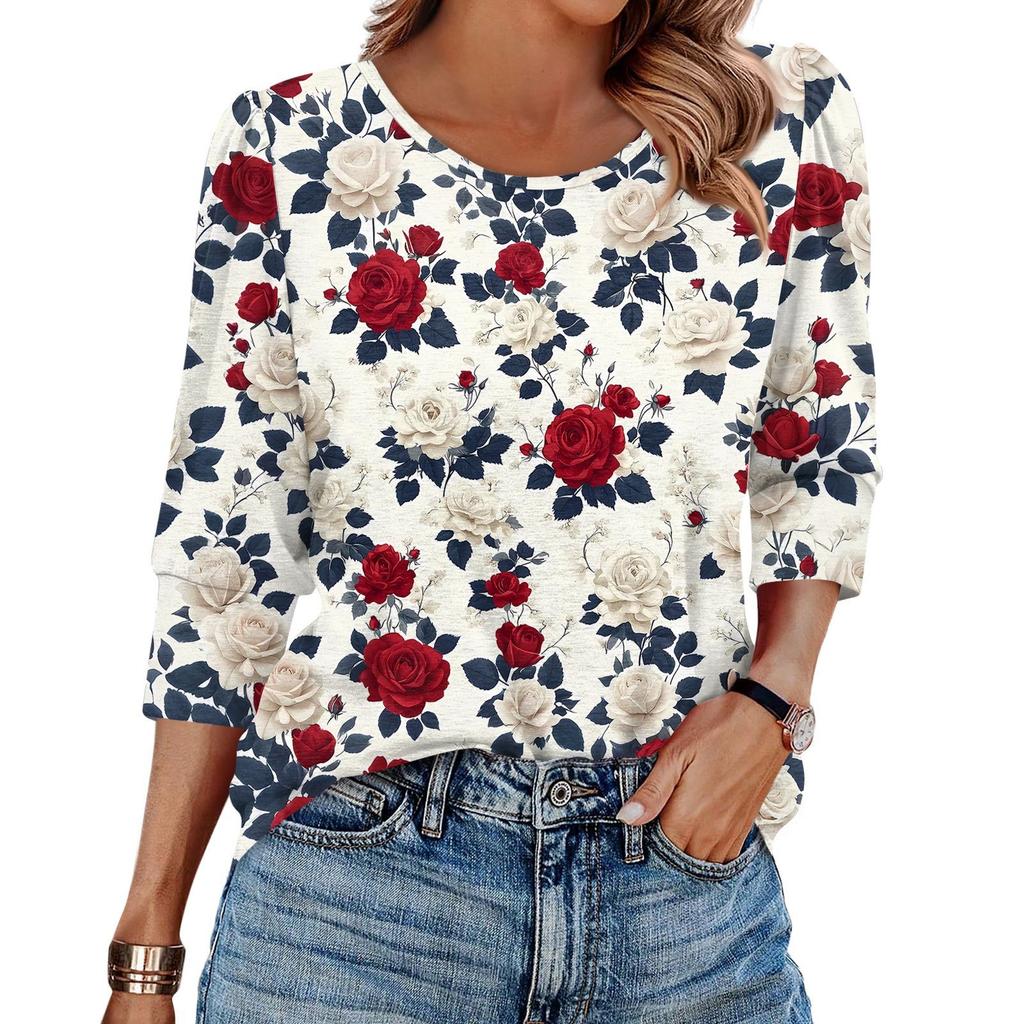 Women's Fashion Casual 3/4 Sleeve Print Shirt Women's Round Neck Tops