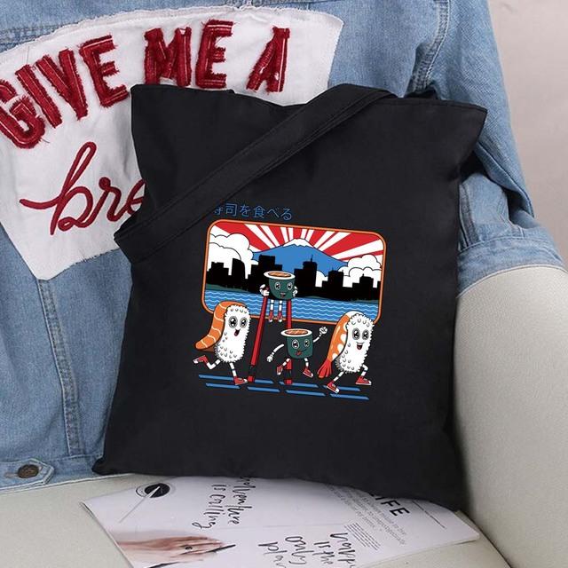 Women Shopping Bags Cute Cartoons Pattern Series Eco Shopper Shoulder Bag Fashion Black Printing Folding Handbag Canvas Tote Bag