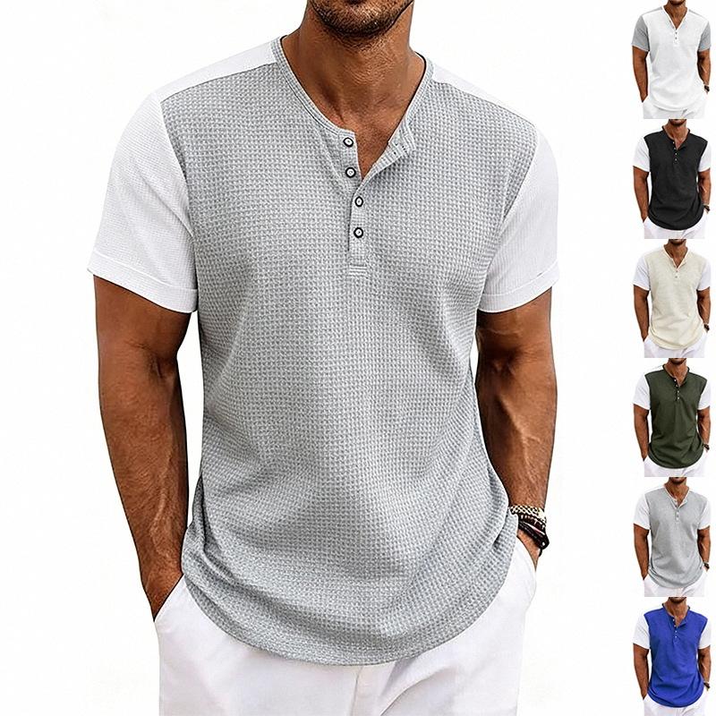 Mens Loose Short Sleeve Waffle Henley T Shirt Summer Casual Top