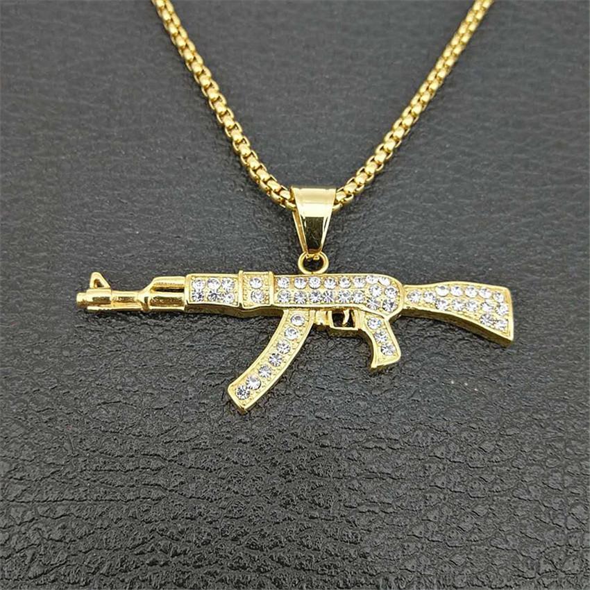 Hip Hop Iced Out Bling AK47 Pistolenanhänger Mit Kette Goldfarbe Edelstahl Militärisches Halsketten für Männer Frauen Schmuck Geschenk