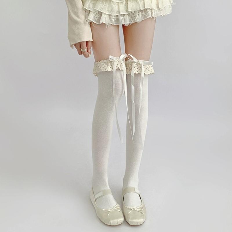 Cute Lace Ruffle Trim Frilly Over The Knee Long Socks for Women JK Girl Student Sweet Ribbon Bowknot Thigh High Stocking