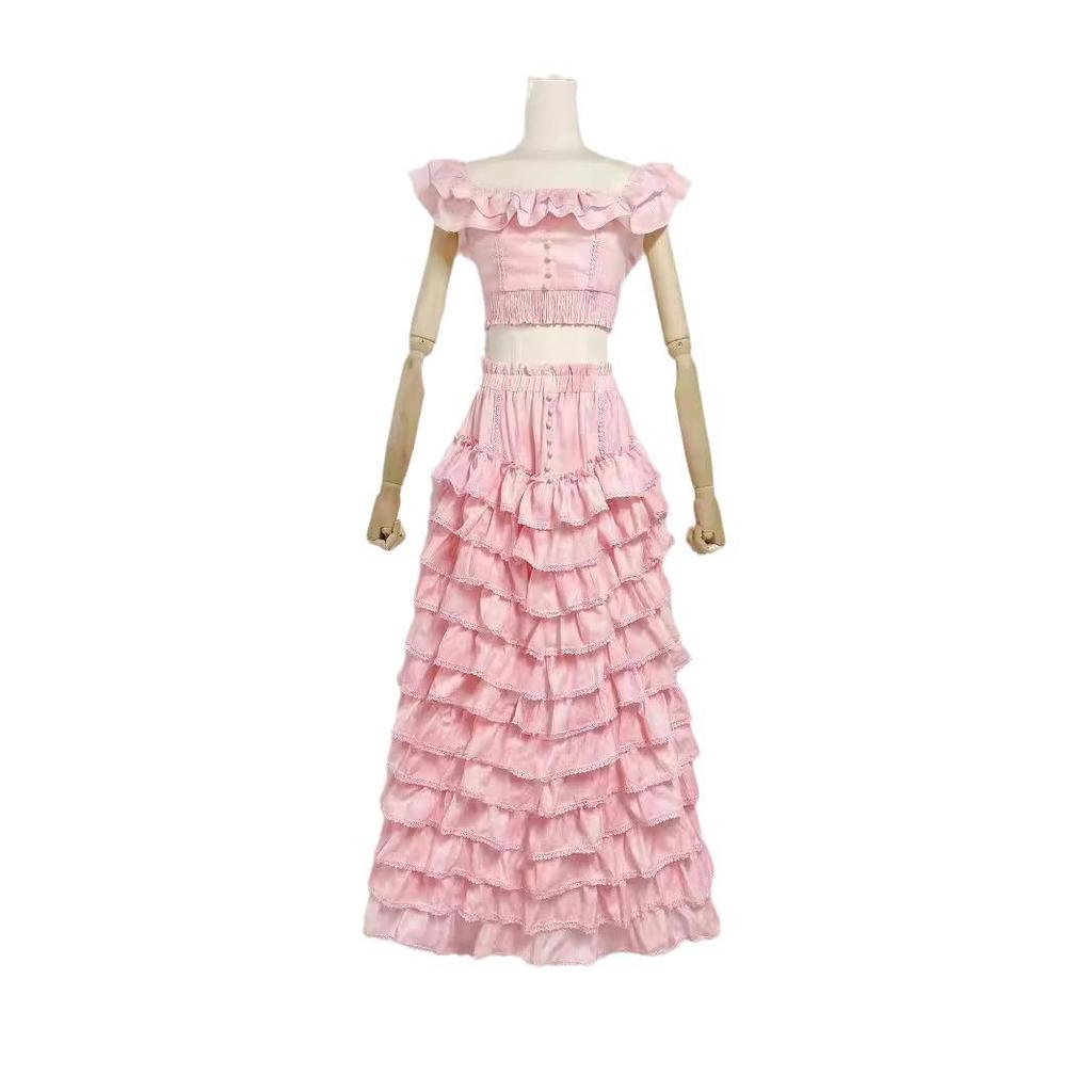 Elegante Completo Estate 2024 con Top a Scollo Quadrato e Gonna Lunga a Strati per Donna
