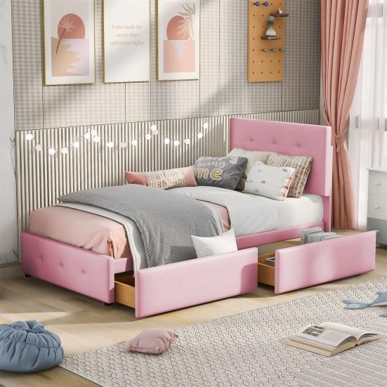 99x210cm Velvet Fabric Kids Bed with Adjustable Headboard 2 Drawers Ergonomic Design Strong Wood Slat Support Bed Home Furniture