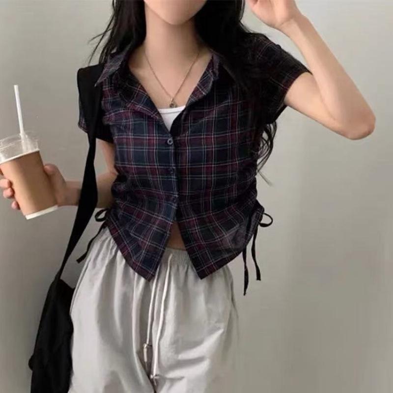Women's Korean Style Plaid Short-Sleeve Shirt with Gathered Hem and Drawstring for a Youthful Look