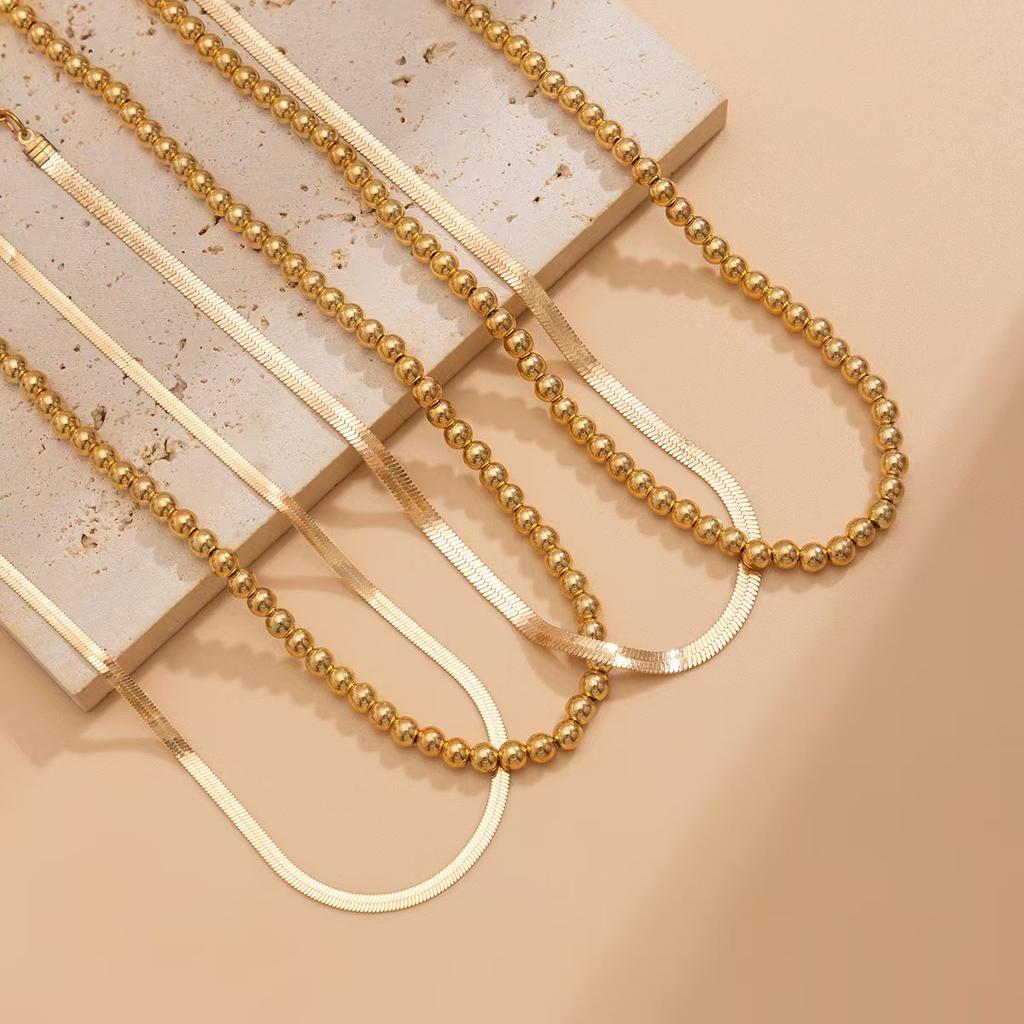 Hip-hop style beaded flat snake chain necklace set, geometric metal chain collarbone chain