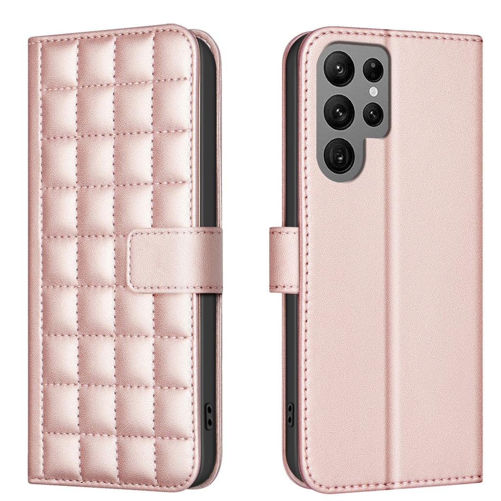 Kleine Handyhülle mit Klappständer und quadratischem Gitterdesign aus PU-Leder für Samsung Galaxy S21, S22, S23, S24, A12, A13, A14, A15, A52, A53, A24.