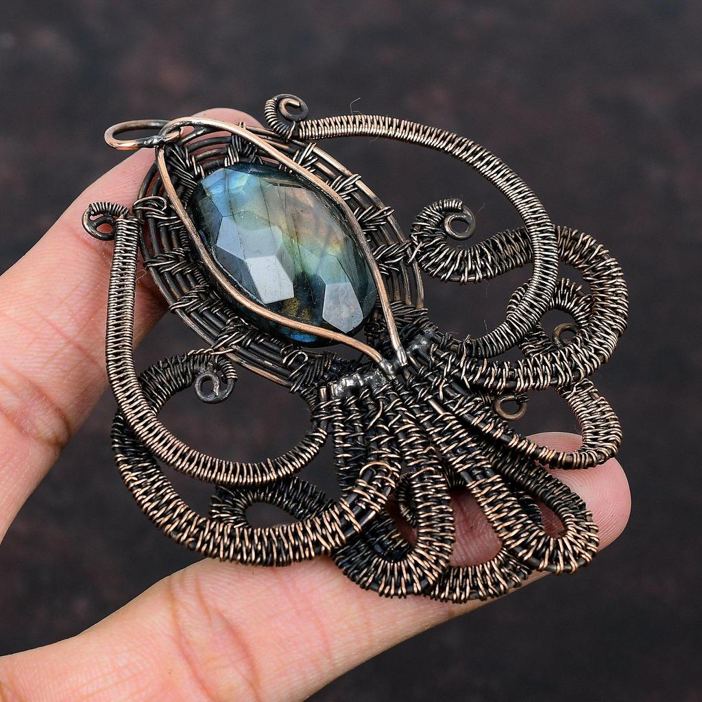 Faceted Labradorite Pendant Copper Wire Wrapped Gemstone Pendant Handmade Octopus Pendant Copper Wire Jewelry Designer Jewelry Gift For Him
