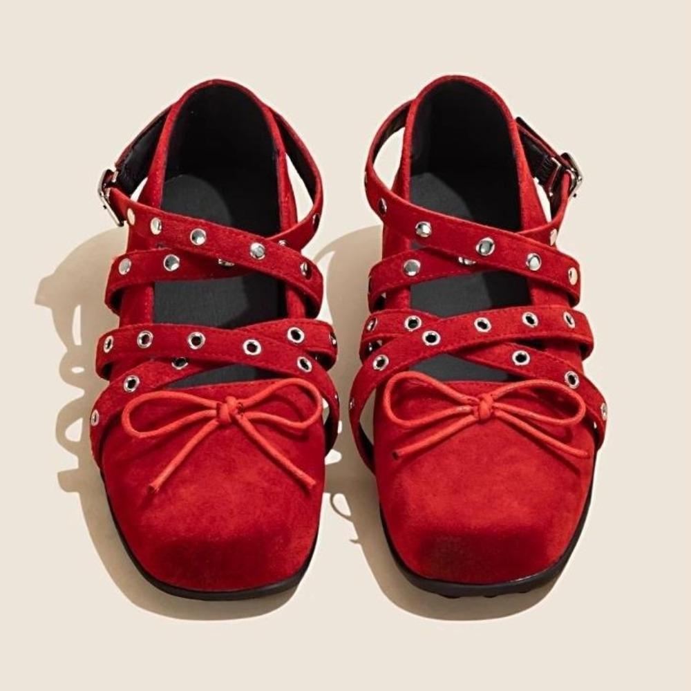 Fashion Flat Shoes for Women's Red Cross-strap Bow Pumps Women's 2025 Spring New Retro Shallow Mouth Rivet Ballet Flats Ladies Shoes