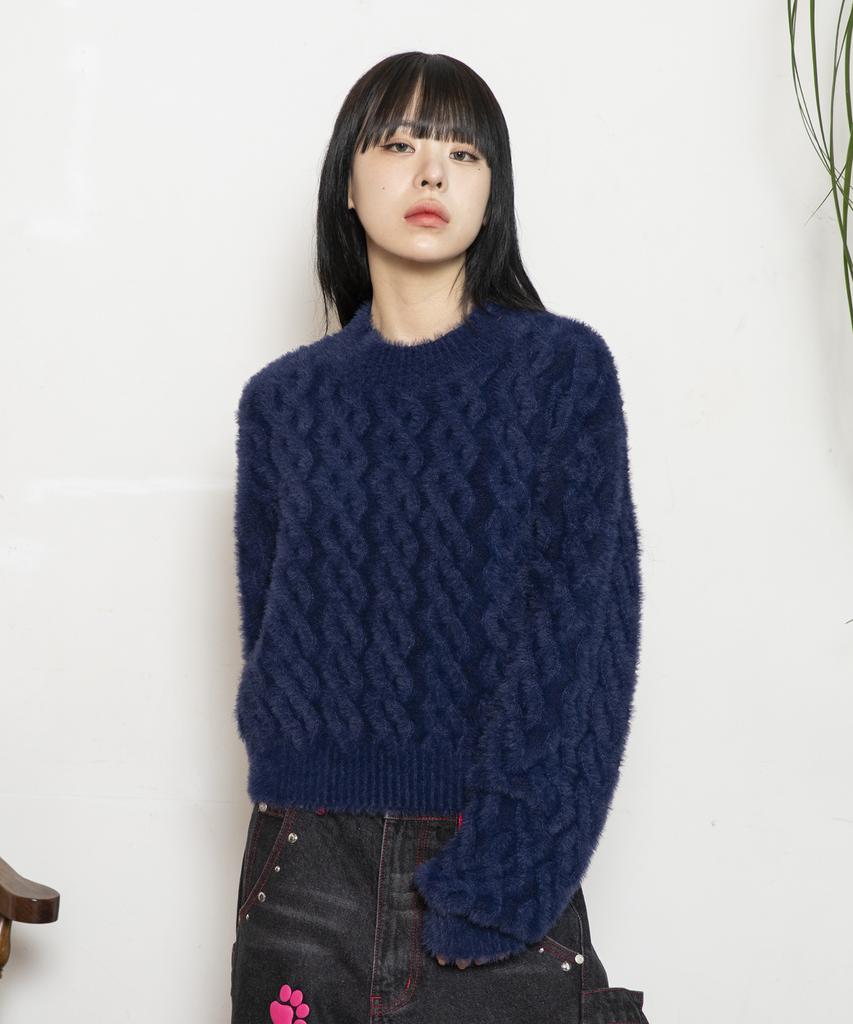 RuNaKi'Hu' Wxk014 Loose Cable Knit Pullover Hairy Knit (Dark Navy)