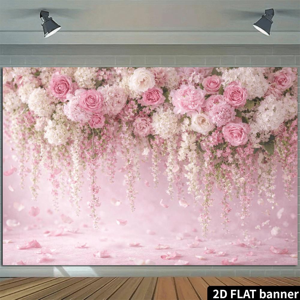 2D planar banner with pink hanging flowers as the background for the wall photography