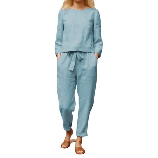 2 Pcs/Set Women Top Pants Set Round Neck Long Sleeves Blouse Vintage Elastic Waist Trousers Daily Leisure Loose Outfit