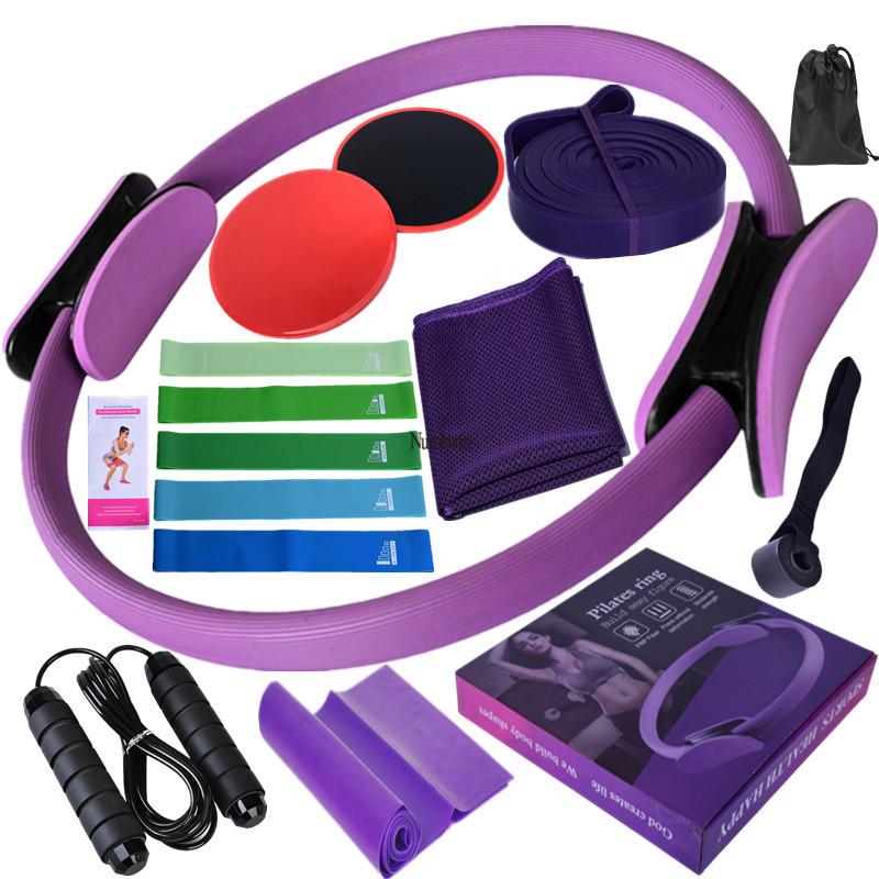 Fünfzehnteiliges Fitness-Set: Latex-Widerstandsbänder, Kühlhandtuch, Gleitscheiben, 3m Springseil, Pilates-Ring.