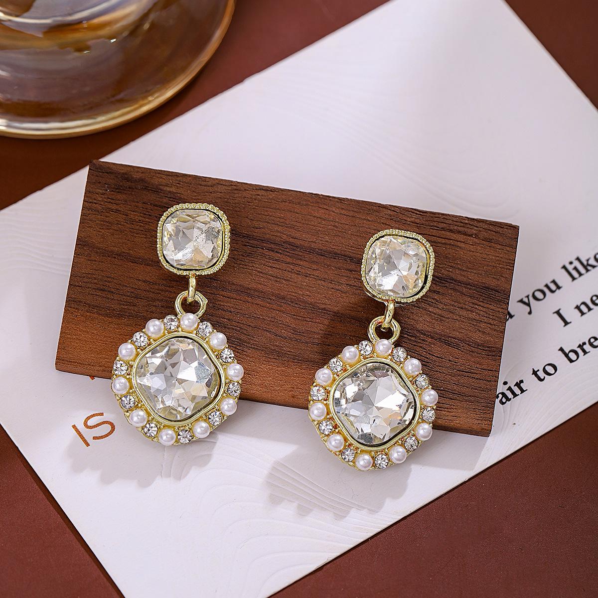 Silver Needle Chic Retro Geometric Square Earrings with Rhinestones & Pearls for Women
